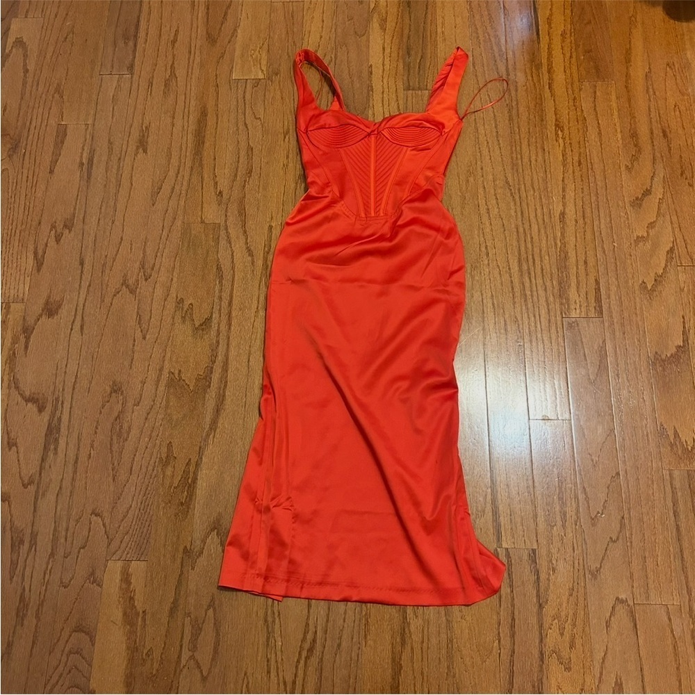 Bardot Red Satin Corset Midi Dress New With Tags Statement Evening XS - Picture 2 of 7